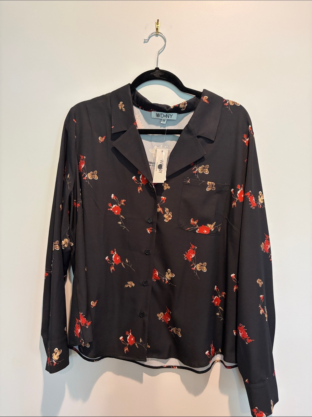 WD.NY Black Button-Down Shirt with Red and Tan Floral Print